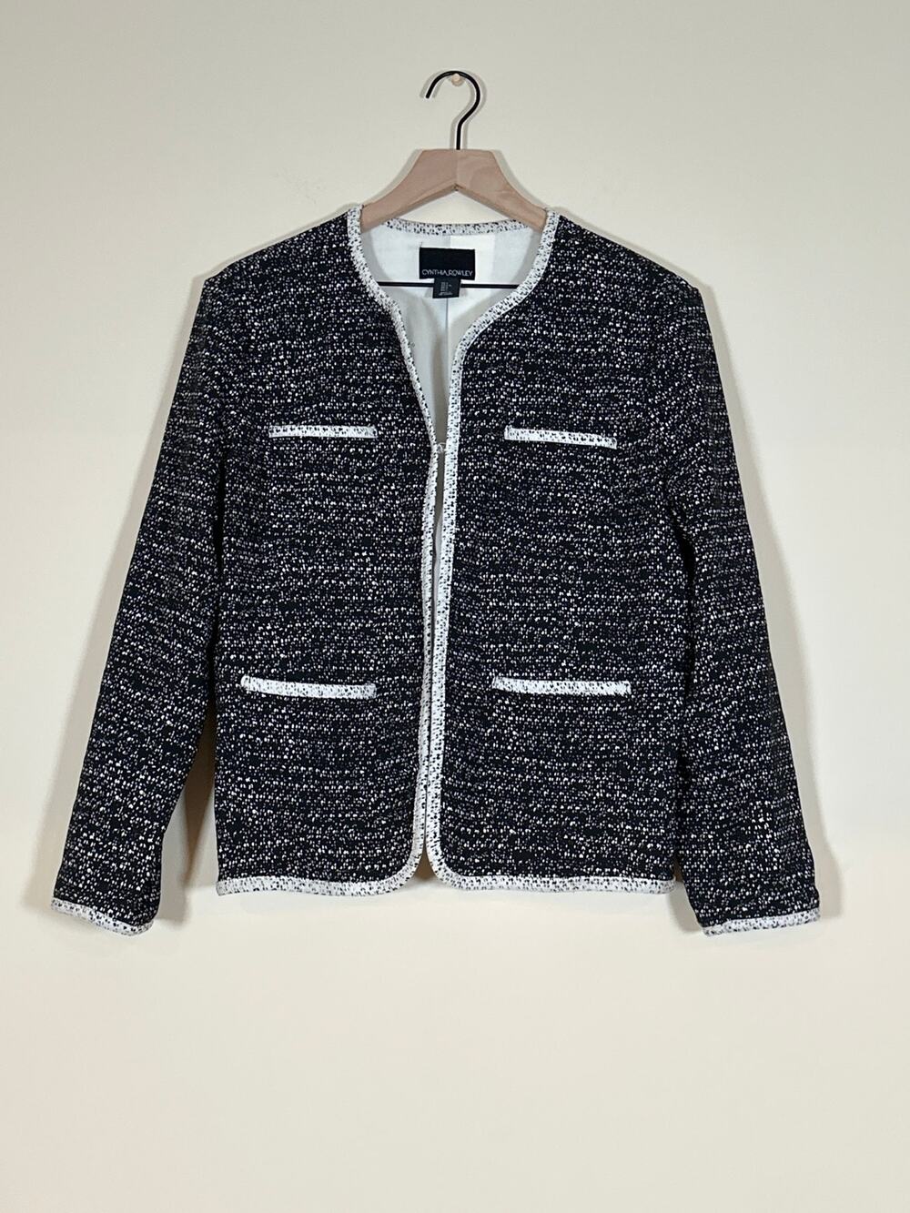 Cynthia Rowley Tweed Jacket Blazer L Black White Collarless Style